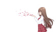 Anime manga girl in a skirt and blouse with long hair, blowing a kiss.  Copy space, place for text on white isolated background. Side view. Vector illustration