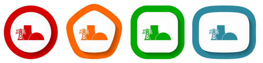 Fototapete - Nuclear power plant vector icon set, flat design buttons on white background