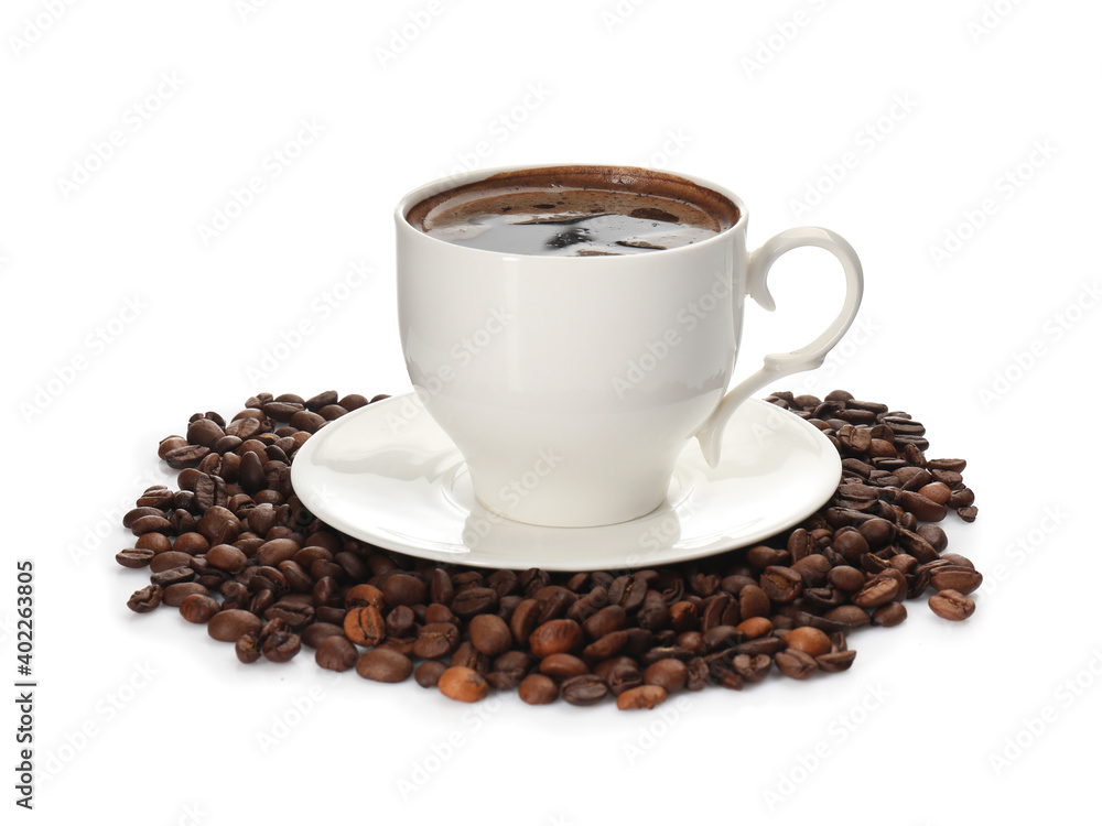 Cup with hot coffee on white background
