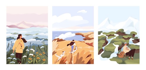 Man and woman relax outdoor at natural landscape vector flat illustration. Scenes with people walking alone, enjoy scenic nature views. Concept of freedom, relax and inspirational lifestyle