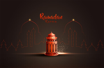 islamic greeting ramadan card design with beautiful red lantern