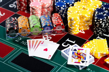 Casino set with Roulette, cards, dice and chips