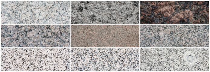 Wall Mural - Granite texture set. Collection of panoramic stone backgrounds. Beautiful natural granite with a grainy pattern. Wide panoramas with flat solid rough surface of rock.