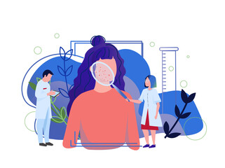 Skin care, dermatology and treatment concept flat vector illustration. Young cartoon woman with bad skin problem: acne, pimples, blackheads. Face mask, cream. Teenager problematic skin research.