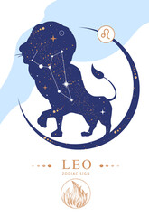 Modern magic witchcraft card with astrology Leo zodiac sign. Zodiac characteristic