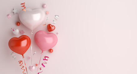 Happy valentines day decoration with heart shape balloon, confetti, copy space text, 3D rendering illustration