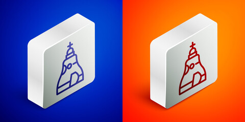 Sticker - Isometric line The Tsar bell in Moscow monument icon isolated on blue and orange background. Silver square button. Vector.