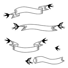 Wall Mural - Hand drawn ribbon banner with swallows, vector illustration set