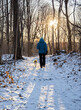 © Nicolas St-Germain - Woman with dog walking in a forest during winter with the sun in the background