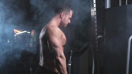 Wall Mural - Atmospheric and dark gym with smoke and strong guy doing physical exercise lifting heavy weight in it. Sexy athlete caring about his body and health working out with modern training apparatus. Back