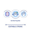 Eat that frog rule concept icon. Different tasks you are likely to avoid completing. Success idea thin line illustration. Vector isolated outline RGB color drawing. Editable stroke