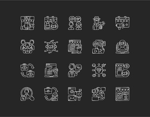 Sticker - Marketing strategies chalk white icons set on black background. Transactional type of advertising your company product or service. Holidays gift selling. Isolated vector chalkboard illustrations