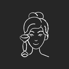 Sticker - Quartz facial roller chalk white icon on black background. Reducing inflammation. Promoting wound healing. Preventing puffiness, wrinkles under eyes. Isolated vector chalkboard illustration