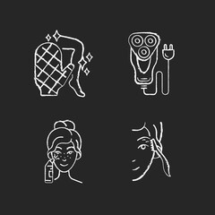 Sticker - Beauty appliances chalk white icons set on black background. Body scrubber. Electric shaver. Blackhead remover. Eyebrow razor. Smooth, clear skin. Trimmer. Isolated vector chalkboard illustrations