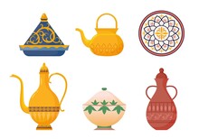 Arabic Oriental Dishes Set. Antique Yellow Teapots With Ornate Muslim Designs Red Water Jug With Ornate Dish White Moroccan Porcelain Pot Turkish Soup Tureen For Hot Meals. Ethnic Cartoon Vector.