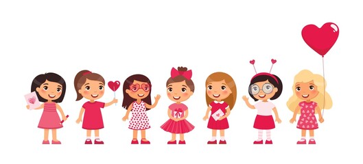 Little girls celebrating Valentine's Day flat vector illustration. Kids wearing cute pink girlish accessories cartoon characters set. Children holding February 14 holiday presents isolated on white