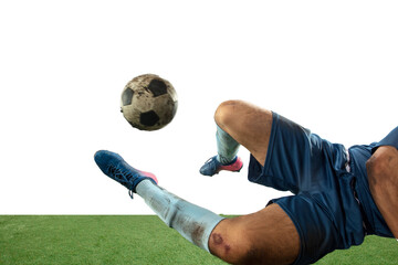 In fall. Close up legs of professional soccer, football player fighting for ball on field isolated on white background. Concept of action, motion, high tensioned emotion during game. Cropped image.