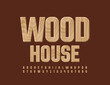Vector eco logo Wood House. Tree pattern Font. Natural textured Alphabet Letters and Numbers set
