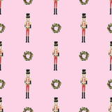 Fototapeta Dinusie - vector seamless pattern with nutcracker and new year wreath