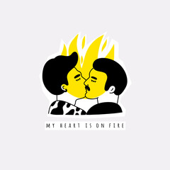 Wall Mural - My heart is on fire. Gay male Couple being loving and happy. Two guys kissing. Pride community concept. Hand drawn Vector illustration. Isolated on white background