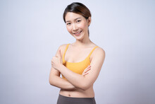 Concept Of Healthcare And Exercise, Beautiful Healthy Asian Woman With Sport Wear, Isolated On White Background.