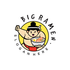 Sumo wrestlers. Japanese Noodle logo Design Flat Style. Sumo fighter with a bowl of ramen with chopsticks.Big Soup Ramen