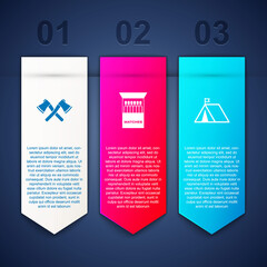 Sticker - Set Crossed wooden axe, Open matchbox and matches and Tourist tent with flag. Business infographic template. Vector.