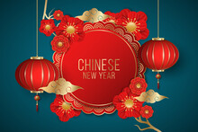 Chinese New Year Festive Banner Decorated With Blooming Red Flowers And Hanging Traditional Lantern On A Blue Background. Paper Cut Style. Golden Clouds. Vector Illustration