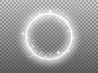 Poster - Circle shine on transparent backdrop. Glowing ring with glitter effect. Round silver frame and magic particles. Festive element with glittering stardust . Vector illustration