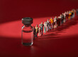 © Matthew Roharik - People waiting in line for Covid 19 Vaccine Vaccination Conceptual Still life with miniature people and medicine vial   Shadows of people shows diversity in age and race.