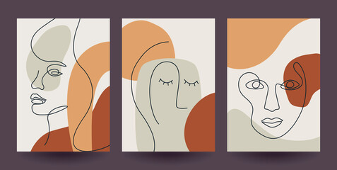 Wall Mural - Abstract backgrounds with minimal shapes and line art faces. Esp10 vector templates.