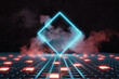 © Brilliant Eye - 3d rendering of blue neon rotated square on orange button floor and surrounded by smoke