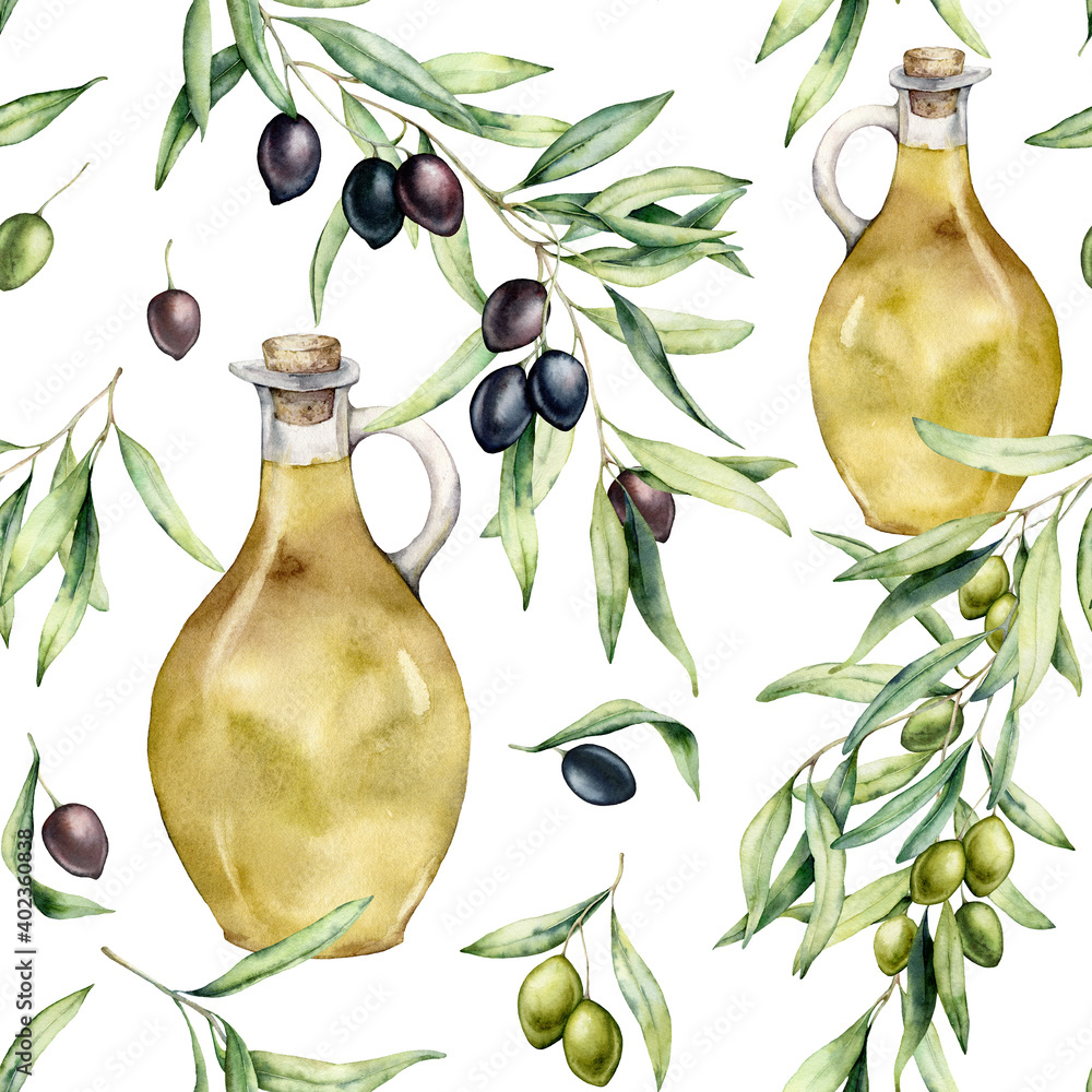 Watercolor kitchen seamless pattern of olives and bottle with oil. Hand ...