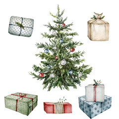 watercolor winter set with christmas tree, gift boxes and toys. hand painted new year tree with chri