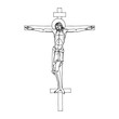 crucifixion of Jesus Christ on the cross, son of God, Christian religious symbol, Orthodox icon, vector illustration with black ink contour lines isolated on a white background in hand drawn style