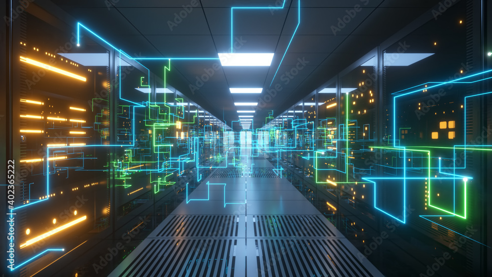Digital information travels through fiber optic cables through the network and data servers behind glass panels in the server room of the data center. High speed digital lines 3d illustration - obrazy, fototapety, plakaty 