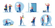 Vector of repair people, plumbers, electricians, painter renovating an apartment