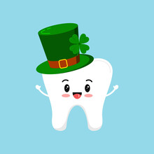 St Patrick Day Happy Tooth In Green Leprechaun Hat. Cute Dental Tooth Irish Character With Gnome Cylinder Hat. Flat Design Cartoon Style Dentist Celebration Vector Illustration.