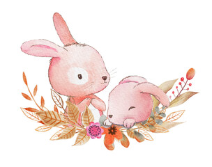 Wall Mural - Card with two watercolor rabbits. Hand drawn watercolor bunny illustration.