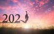 © Choat - Success new year 2021 concept: Silhouette of a woman jumping and broken chains with text for 2021 at orange meadow autumn sunset background