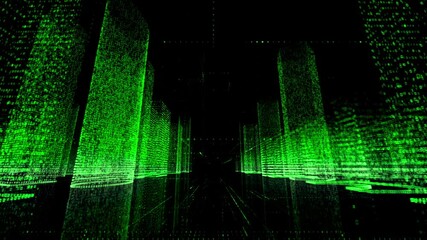 Wall Mural - Camera movement in black space through the model of digital city consists of green colored symbols and grids. Digital technology and futuristic business concept background. 3D rendering 4k video.