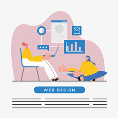 Sticker - Web design and women with laptops vector illustration