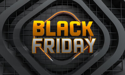 Wall Mural - Realistic 3D Black friday logo in rhombus shape with black background and lights. 3D illustration, 3D art.