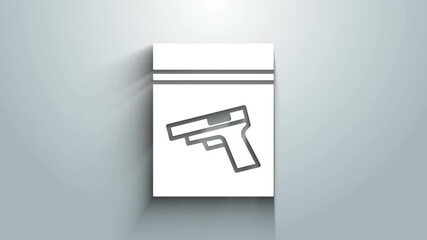 Poster - White Evidence bag and pistol or gun icon isolated on grey background. 4K Video motion graphic animation