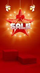 Wall Mural - Christmas Sale symbol in star shape isolated on red background. Symbol concept for banner, posters, cards. 3D illustration, 3D art.