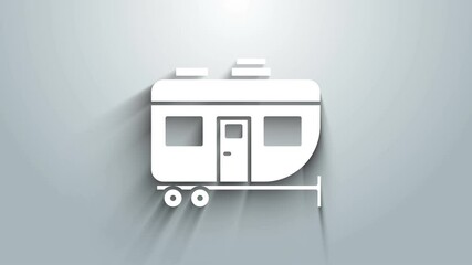 Sticker - White Rv Camping trailer icon isolated on grey background. Travel mobile home, caravan, home camper for travel. 4K Video motion graphic animation