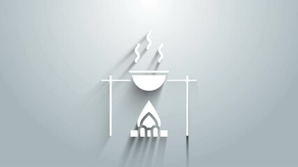 Sticker - White Campfire and pot icon isolated on grey background. Fire camping cooking in cauldron on firewood and flame. 4K Video motion graphic animation