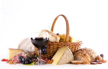 Wall Mural - wineglass with cheese and bread isolated on white background