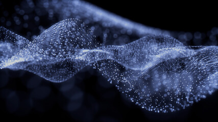 Abstract 3D Technology concept. Big Data and Artificial Intelligence represented as a High Tech Futuristic Particle Network. Abstract background. 3D render