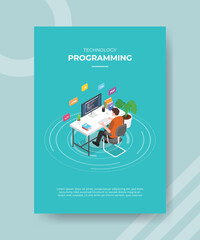 programming concept men sitting use computer desktop for template of banner and flyer for printing magazine cover and poster with isometric style
